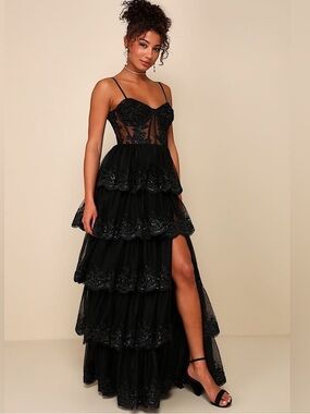 Lulus Alluring Sensation Black Tulle Embroidered Tiered Maxi Dress, Size XS, NWT